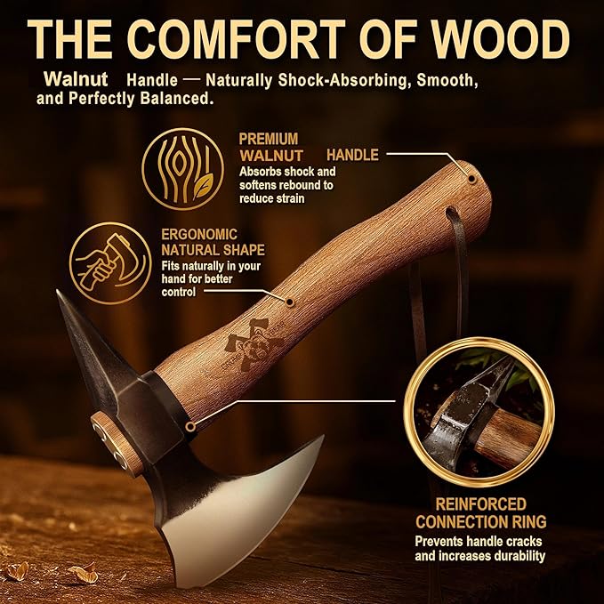 Grumpy Bear 11 Survival Axe Camping Hatchet – Forged High Carbon Steel Blade with Walnut Wood Handle – Shock-Absorbing Anti-Slip Grip – Ideal for Bushcraft Wood Splitting &amp Outdoor Adventures