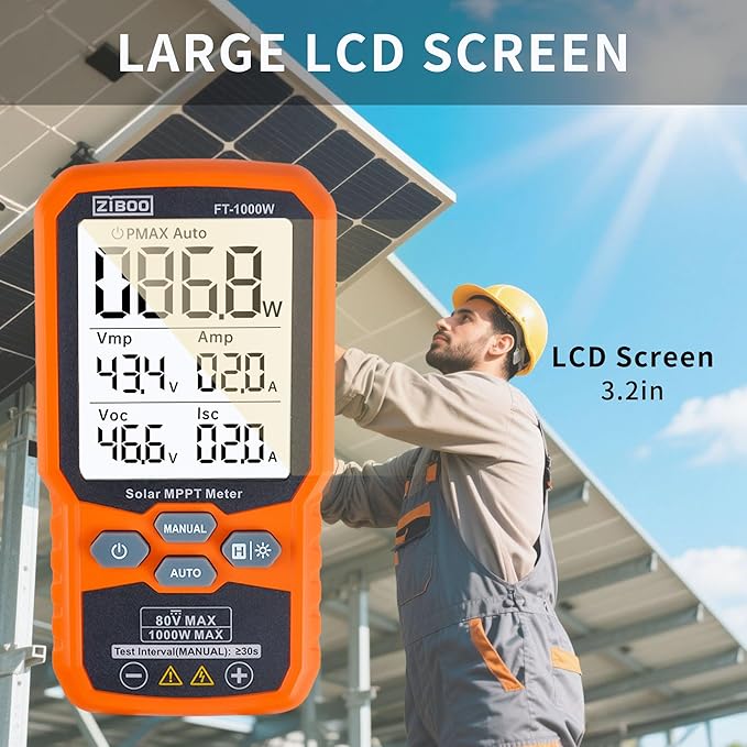 ZIBOO FT-1000W Solar Panel Tester MPPT Meter - 1000W Max Power 80V/35A PV Module Tester for Voc/Isc Open Circuit Voltage &amp Short Circuit Current with Backlight &amp Data Hold