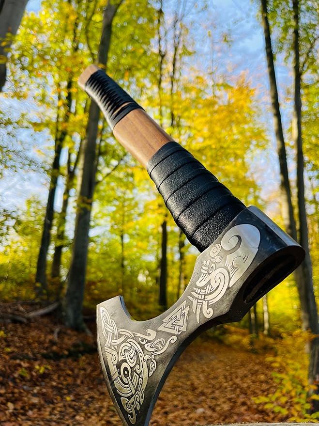 Viking Axe – Hand Forged Carbon Steel Blade with Ashwood Handle | Norse Hatchet for Camping Hunting Axe Throwing | Perfect Viking Gift for Men