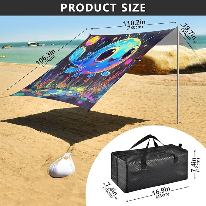Cute Blue Tang1 Beach Cabana UPF50 Easy Setup Shade Sun Shelter with Sandbags &amp Sand Shovel for Camping Picnics Backyard