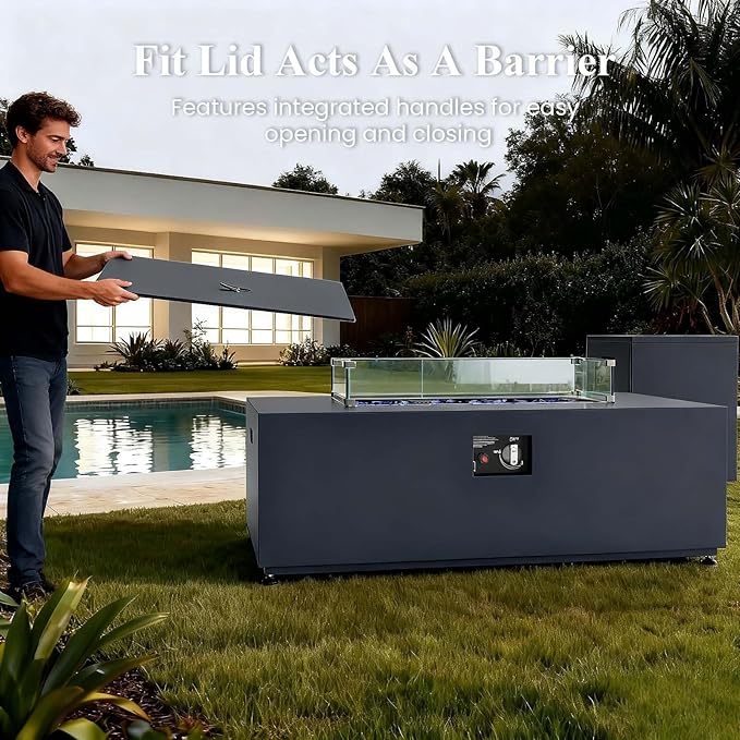 LayinSun 42 Inch Outdoor Fire Pit Table for Outside Patio 55000BTU Rectangle Propane Firepit with Hidden Fuel Tank Glass Wind Guard Waterproof Cover and Lid