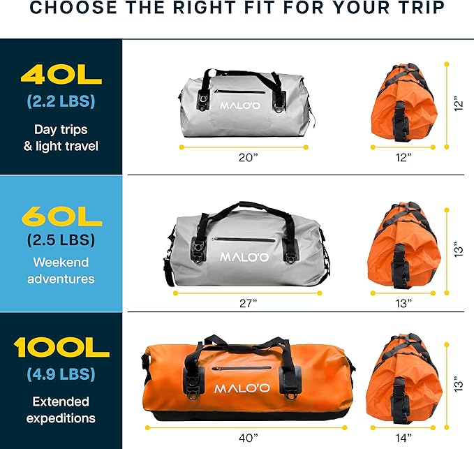 Malo’o Waterproof Dry Duffel Heavy-Duty Roll Top Waterproof Gear Bag with Shoulder Strap &amp Molle Loops Marine Duffel for Kayaking Boating Camping Beach &amp Travel Orange 100L