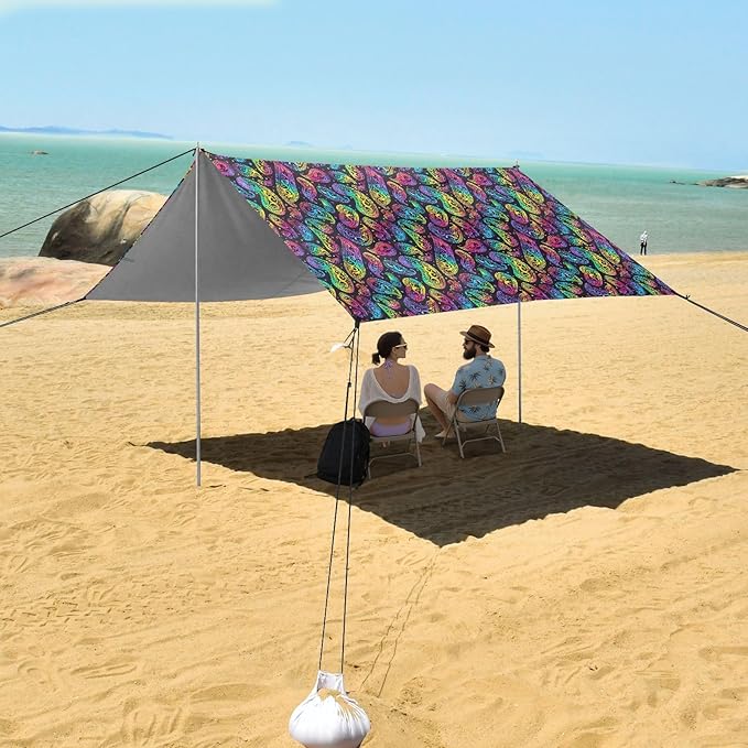 ALAZA Paisley Rainbow Color Beach Tent Sun Shelter UPF50+ Protection Beach Shade Canopy w/ 4 Sandbags for Outdoor Camping Fishing Backyard Fun Picnic 10x9 ft
