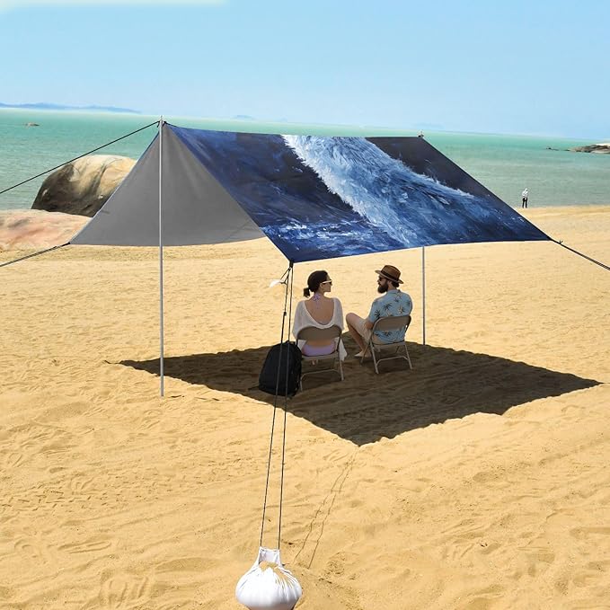 ALAZA Wolf Howling at Night Beach Tent Sun Shelter UPF50+ Protection Beach Shade Canopy w/ 4 Sandbags for Outdoor Camping Fishing Backyard Fun Picnic 10x9 ft