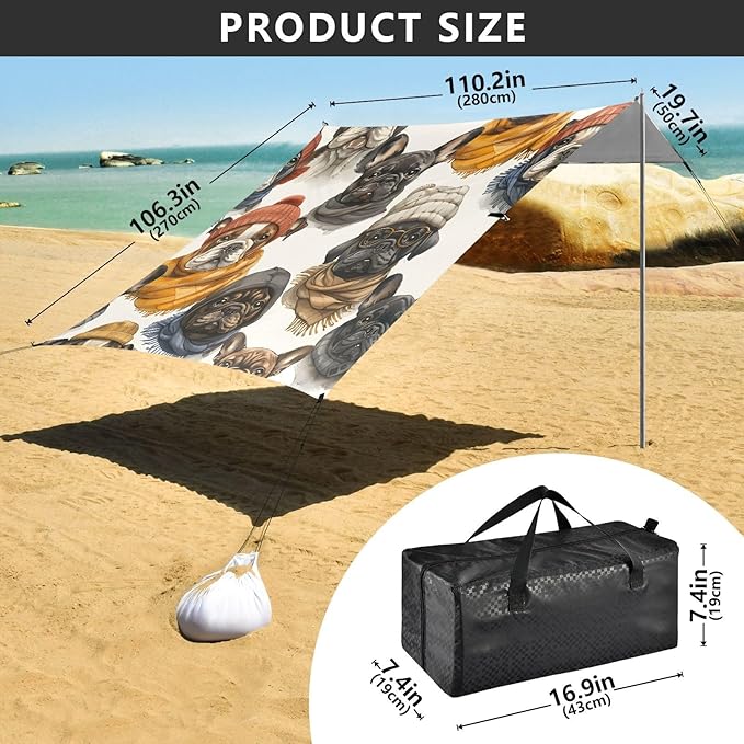 ALAZA Bulldogs with Hat Dogs Beach Tent Sun Shelter UPF50+ Protection Beach Shade Canopy w/ 4 Sandbags for Outdoor Camping Fishing Backyard Fun Picnic 10x9 ft