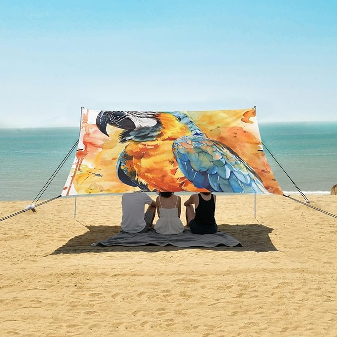 ALAZA Watercolor Parrot Portrait Beach Tent Sun Shelter UPF50+ Protection Beach Shade Canopy w/ 4 Sandbags for Outdoor Camping Fishing Backyard Fun Picnic 10x9 ft