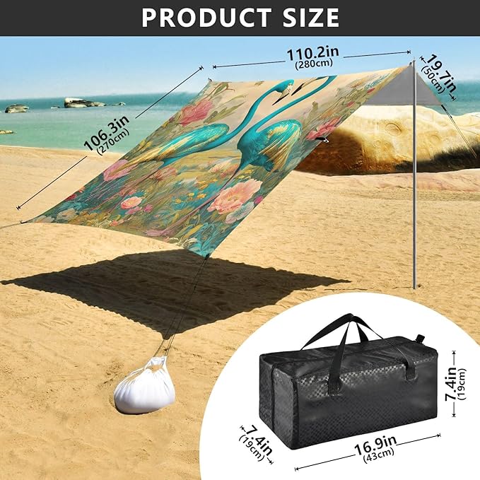 ALAZA Green Flamingos Beach Tent Sun Shelter UPF50+ Protection Beach Shade Canopy w/ 4 Sandbags for Outdoor Camping Fishing Backyard Fun Picnic 10x9 ft