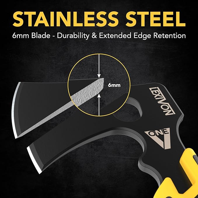LEXIVON V-ONE Survival Hatchet 9.5 Full Tang Lightweight Axe | 6mm Stainless Steel Electro-Black Finish Blade Ergonomic Bi-Material Grip Handle | Protective Slim Sheath Included (LX-VONE-PP)