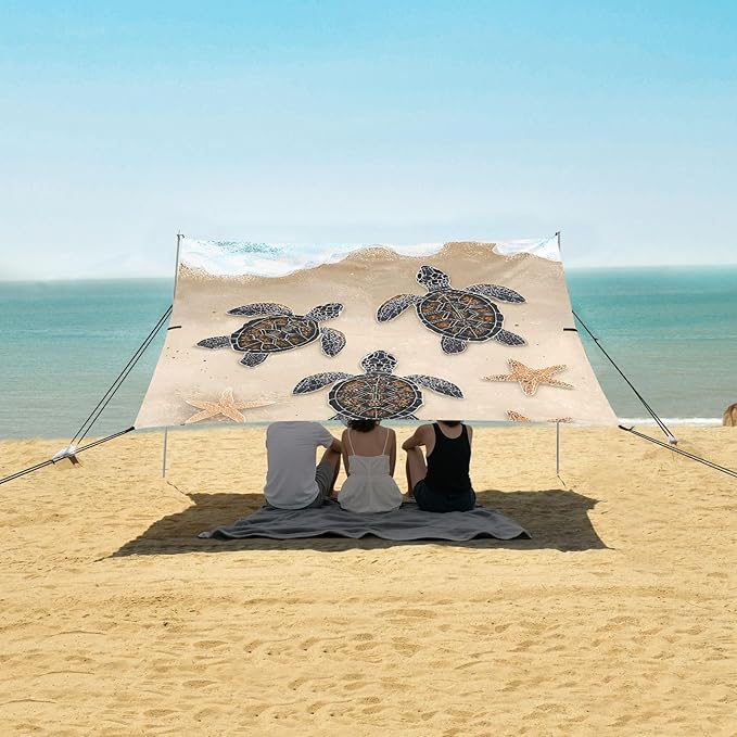 ALAZA Sea Turtle Starfish Beach Beach Tent Sun Shelter UPF50+ Protection Beach Shade Canopy w/ 4 Sandbags for Outdoor Camping Fishing Backyard Fun Picnic 10x9 ft