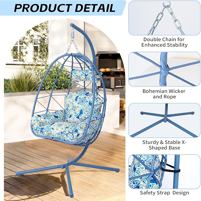 Hanging Egg Chair with Stand Outdoor Indoor Patio Rattan Swing Hammock Chairs with Washable Cushion PE Wicker Swing Chair for Backyard Bedroom Garden (Blue + Floral Cushion No Footrest)