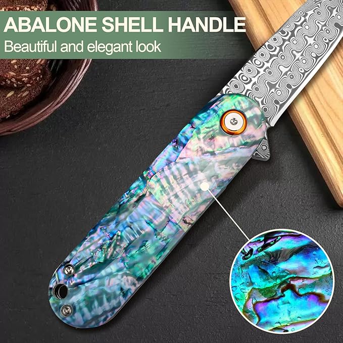 Zingbee Damascus Pocket Knife with Sheath 2.95 Damascus Steel Blade Folding Knife with Abalone Shell Handle EDC Pocket Knives for Men Women Outdoor Indoor Camping