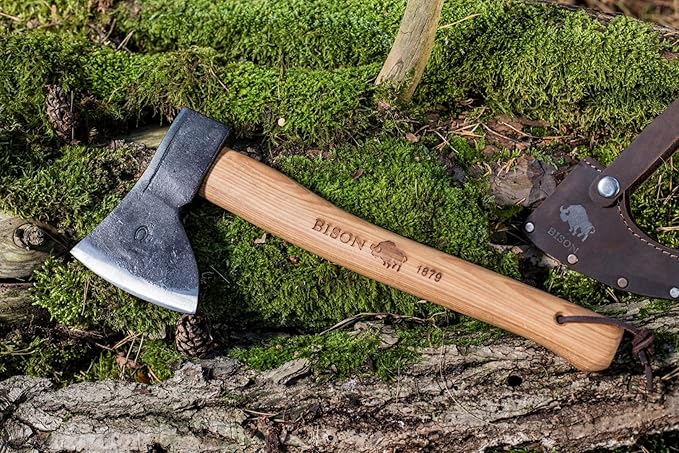 Bison Hatchet 1879 500 g I Allrounder 330 mm Long for Forest Camping &amp Outdoor I Hand Forged I Triple Safety Wedging with Genuine Leather Cutting Protection Natural