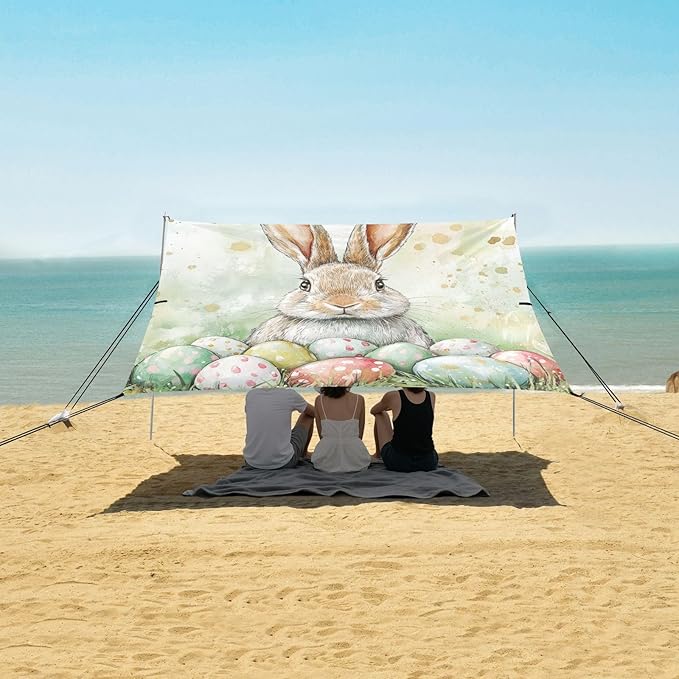 Green Stripe Rabbit Bunny Eggs Easter1 Stable Beach Tent UPF50+ Lightweight Large Sun Shelter with Sand Pockets for Camping Picnics Backyard