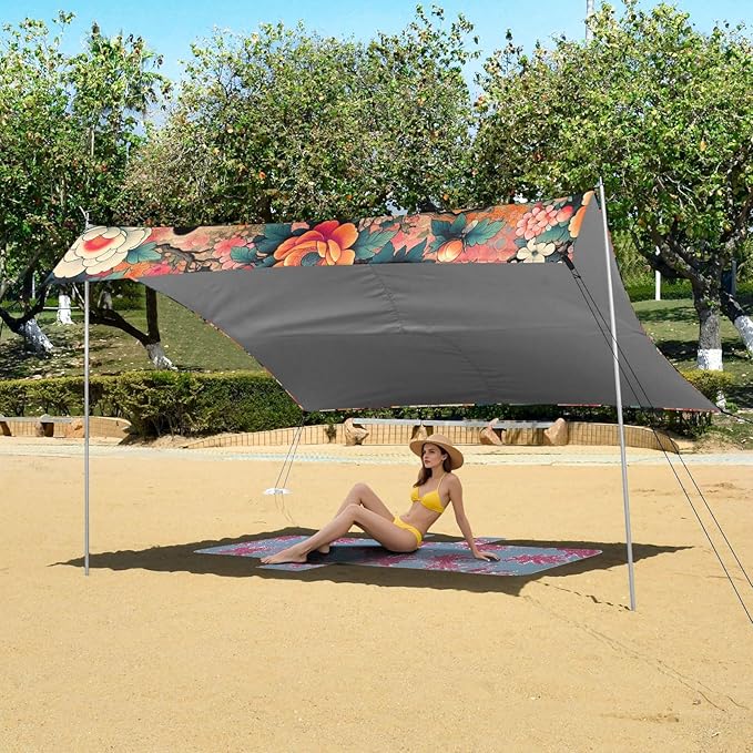 Black Cat and Japanese Flowers Beach Tent Sun Shelter Set UPF50+ UV Protection 10.5 x 9.19 FT Camping Shade Canopy with Sandbags Sand Anchors Carrying Bag and Others