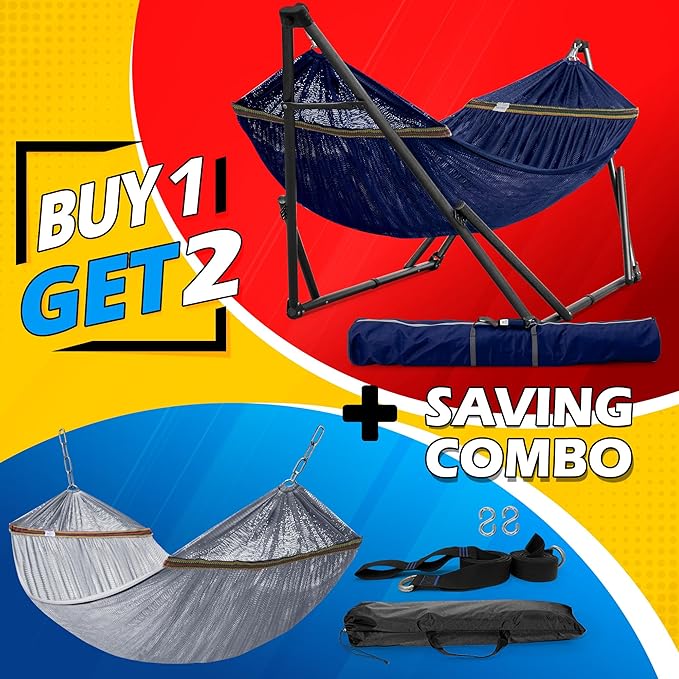 Tranquillo Combo x2 Hammocks with Stand for Outside &amp Tree Straps Heavy Duty Hammock with Stand 600lbs for Indoor Outdoor Patio Backyard x2 Hammocks for 2 Person Portable Carrying Bags Aegean