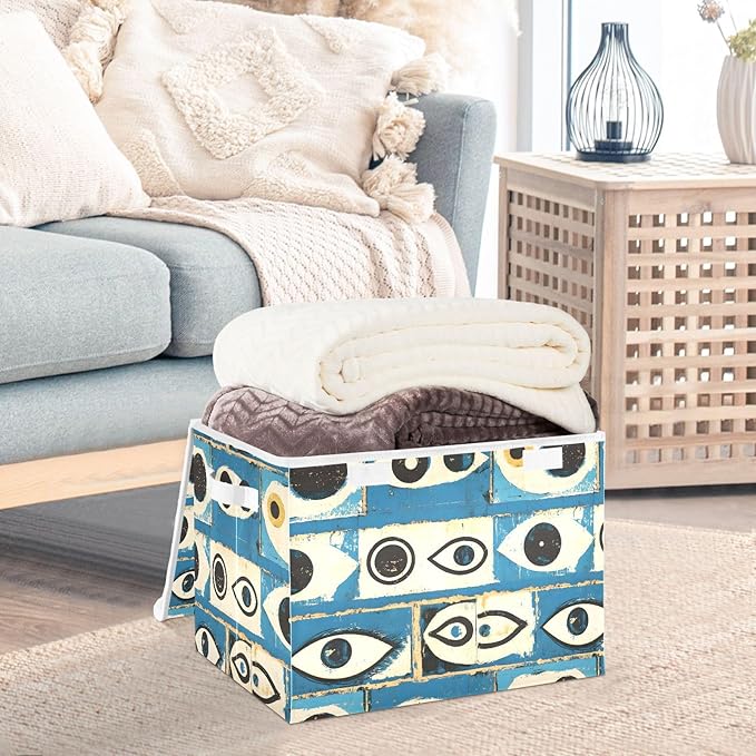 Abstract Eyes Storage Cube Bins Basket with Lid Collapsible Flip-top Fabric with Handle for Home Bedroom Closet Office 16.5×12.6×11.8 in