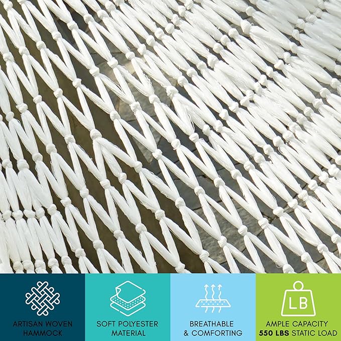 Tranquillo Hammock 550 lbs Capacity Double Hammocks Camping Hammock with Hammock Straps Hammocks for Outside Hiking Camping Essentials Indoor - Garden Portable Tree Straps White