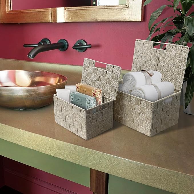 Sorbus Set of 3 Storage Baskets for Organizing with Lid – Mesh Hand-Woven Baskets for Closet Shelf &amp Home Storage (Beige Variety Pack)