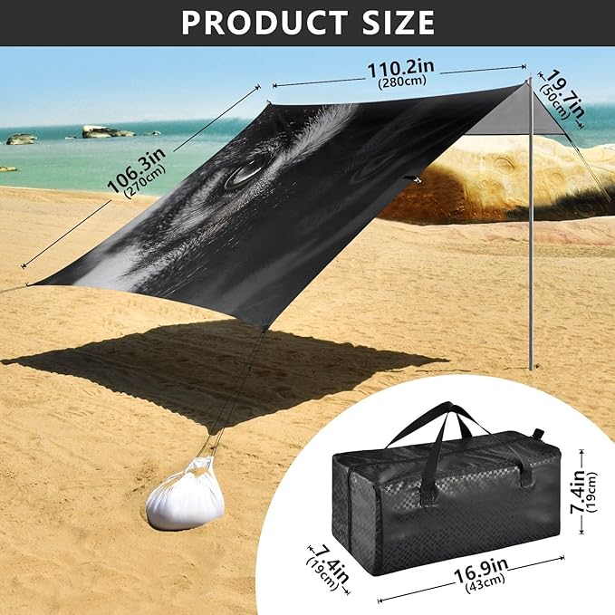 Wild Wolf Portrait Beach Tent Sun Shelter Set UPF50+ UV Protection 10.5 x 9.19 FT Camping Shade Canopy with Sandbags Sand Anchors Carrying Bag and Others