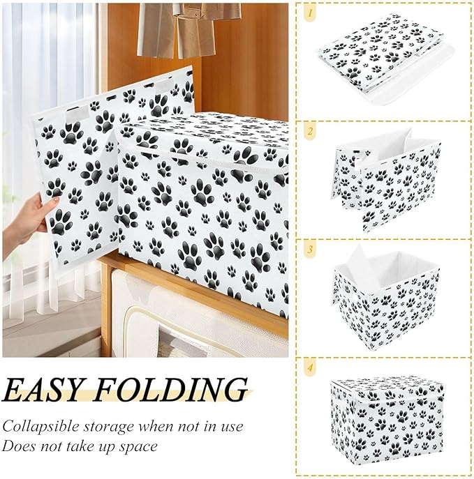 Dog Paw Lidded Home Storage Bins Closet Storage Bins Foldable Oxford Fabric Storage Box for Home Bedroom Closet Office (16.5x12.6x11.8 in)