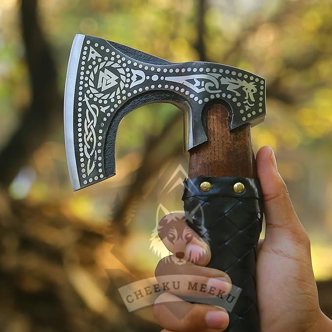 Custom Handmade Carbon Steel Real Viking Axe HatchetCamping Axe Birthday Gift for him Leather Wrapped Handle and Leather Sheath ((FM 19))