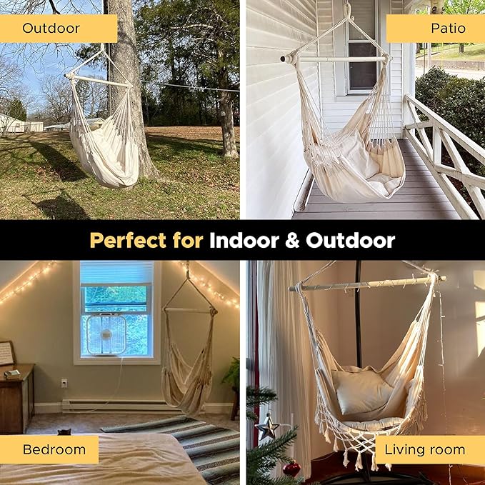 Miztli Hammock Chair with Hanging Chair Cover – Max 500 Lbs Steel Spreader Bar with Anti-Slip Rings Comfortable Indoor &amp Outdoor Hanging Chair – Includes Protective Waterproof Cover (57x45.5 in)