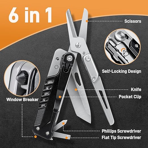Teslong 5 in-1 EDC Multitool Knife Scissors with Screwdrivers Detachable Design 440A Stainless Pocket Knife Window Breaker Tactical Gear for Camping Surviving Hiking Gift for Men Dad