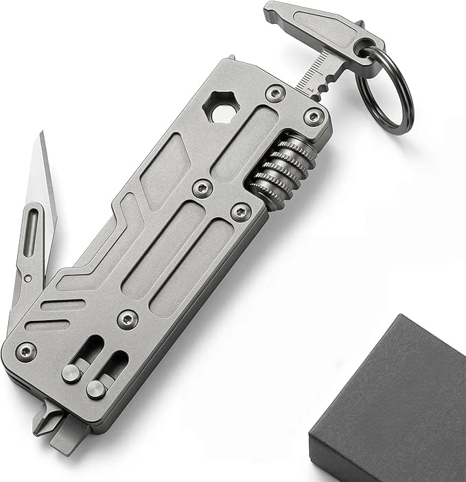 Titanium Pocket Wrench Multitool 0.1 lbs Lightweight EDC Keychain Tool with 15mm Adjustable Jaw 9-in-1 Functions — Auto Window Breaker and Screwdriver for Daily Carry