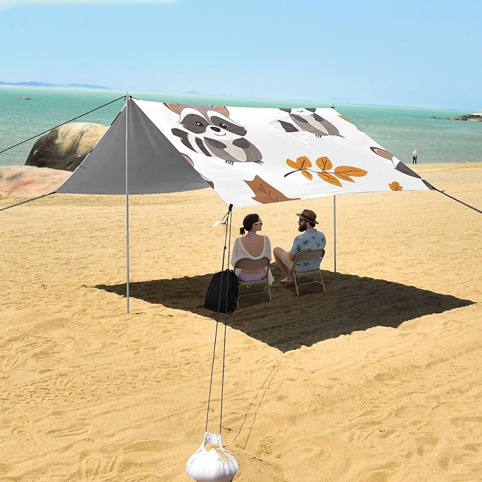 ALAZA Cute Cartoon Raccoons Leaves Beach Tent Sun Shelter Portable Canopy Sunshade for Outdoor Camping Picnics Backyard Fun 10x9 ft