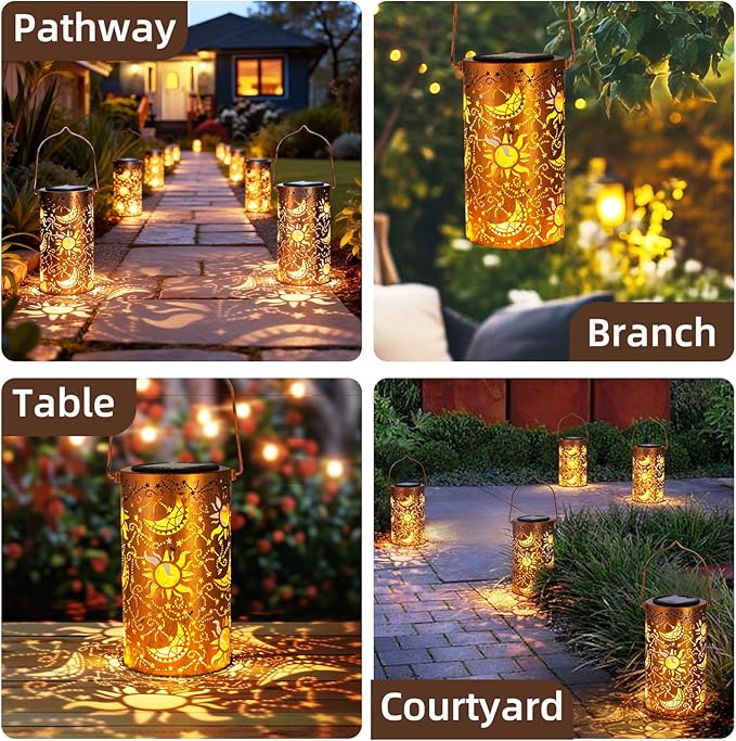 DIBIEECN Mothers Day Gifts for Mom Birthday Gifts Grandma Ladies Solar Lanterns Outdoor Hanging Hollowed-Out Metal Waterproof LED Garden Decor Outside for Patio Yard Porch Sun and Moon 1 Pack