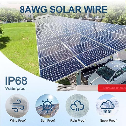 8AWG (10mm²) 30FT Solar Extension Cables 1500V Tinned Copper PV Wire with 1.5KV 70A IP68 Male and Female Connectors for Solar Panel Photovoltaic Solar System