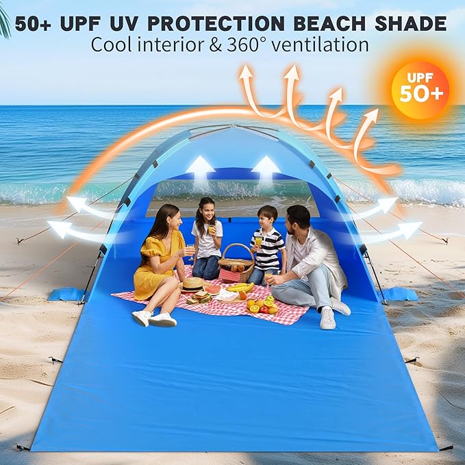 Beach Tent Sun Shelter with Extended Sand Mat 114×82inchUPF 50+ Protection 3 Double-Layer Windows for Enhanced Privacy Portable Beach Shade 3-4 People. Windproof and Waterproof