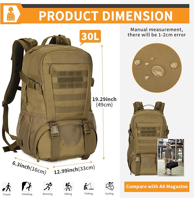 HUNTVP Military Tactical Backpack MOLLE Backpack Rucksack Gear Assault Pack Daypack for Hunting Camping Hiking 30L Brown