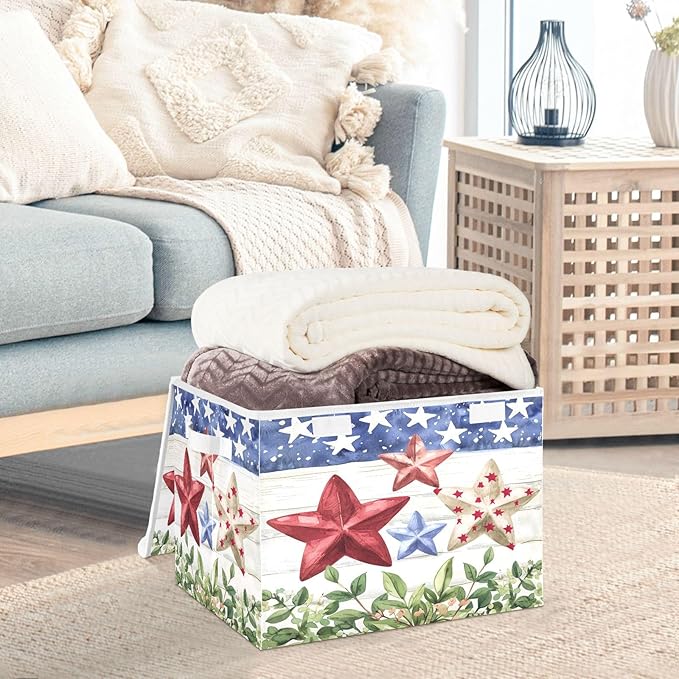 senya July Fourth Baskets Collapsible Storage Bins with Lids American Flag Stars Storage Boxes Clothes Baskets for Organizing B06D22020
