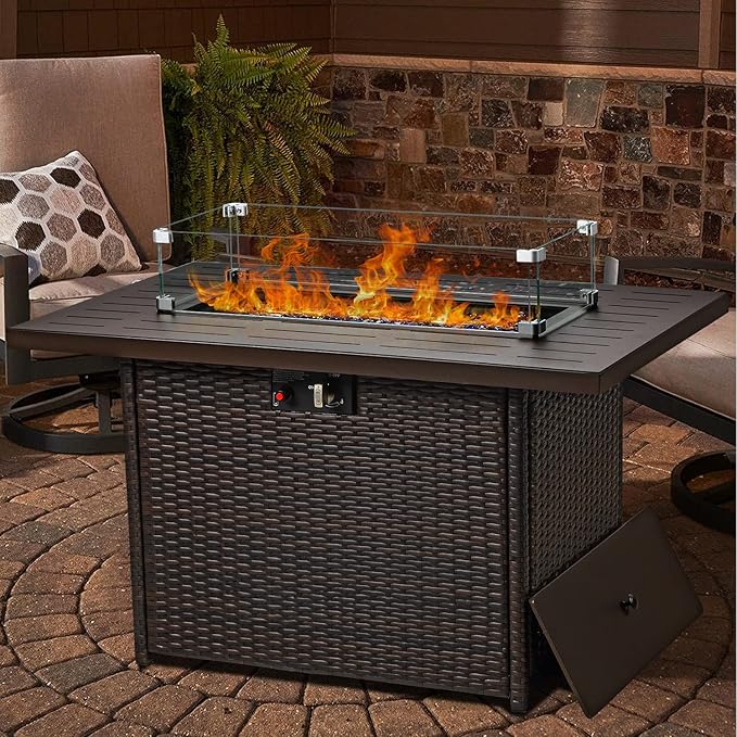 LayinSun 44 Propane Gas Fire Pit Table 55000 BTU Rectangular Fire Pit with Glass Wind Guard for Outside Patio Deck Garden Backyard Brown-Aluminum Top