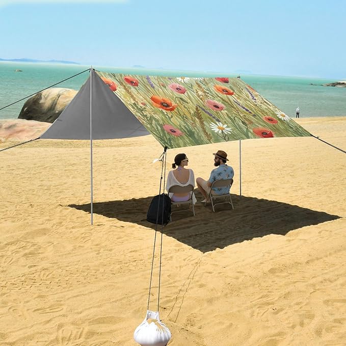 xigua Wildflowers Beach Tent Sun Shelter with Carrying Bag - Silver Coated Oxford Fabric Beach Canopy for Beach Camping Fishing - Includes Windproof Ropes Sandbags &amp Stakes