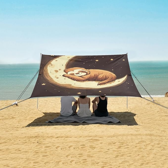 ALAZA Sloth Moon Stars Beach Tent Sun Shelter Portable Canopy Sunshade for Outdoor Camping Picnics Backyard Fun 10x9 ft