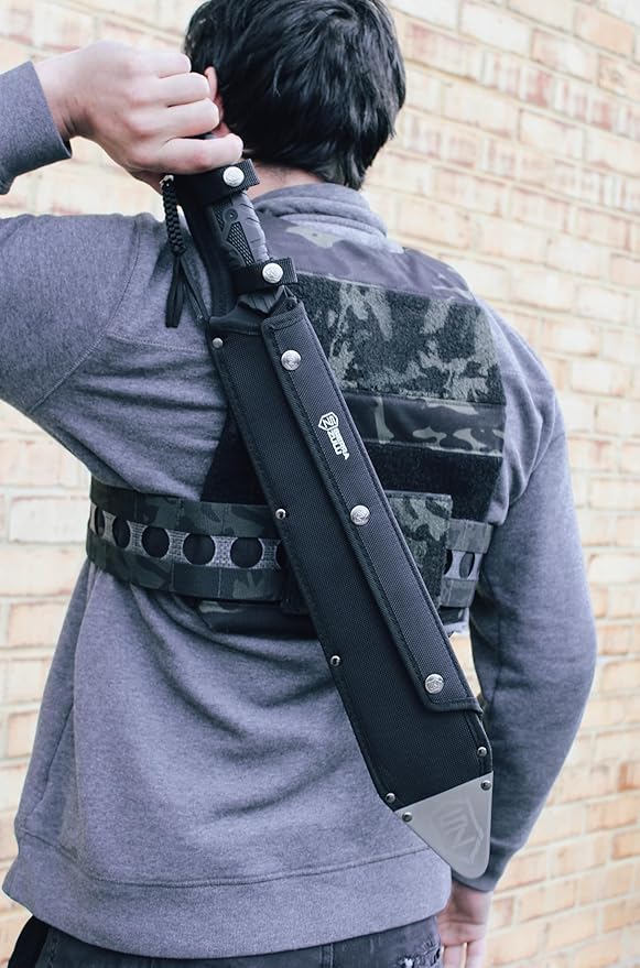 Sierra Zulu Trident Machete - Stainless Steel 24.0 inches Overall Modified Tanto Blade with Saw Tooth Back Edge - Tactical Nylon Sheath with Reversible Wear Strap