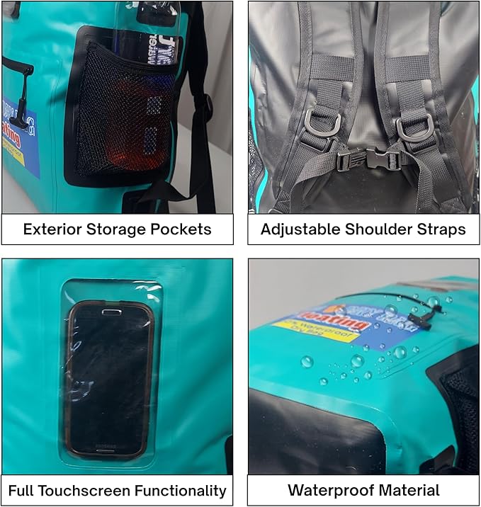 Waterproof Backpack 28L Teal Dry Bag Cell Phone Pouch with Exterior Window for Easy Use During All Water Sports | 28L Large Capacity | Ideal for Hiking Boating Rafting and Travel
