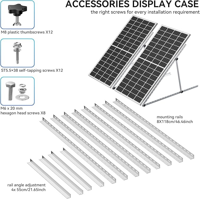 Upgraded 47in 2 Sets Adjustable Solar Panel Tilt Mount Brackets Foldable Tilt Legs Support 100 200 300 400 500 Watt Solar Panels 4-8Pcs Solar Panel Stand for Roof Off-Grid RV and Boat