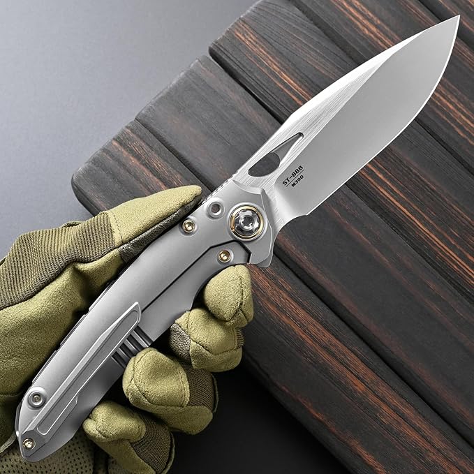 Sitivien ST888 Folding Knife M390 Steel Blade Titanium and Timascus Inlaid Handle Knife with Safety Lock Frame Lock for Outdoor Camping Hiking Survival