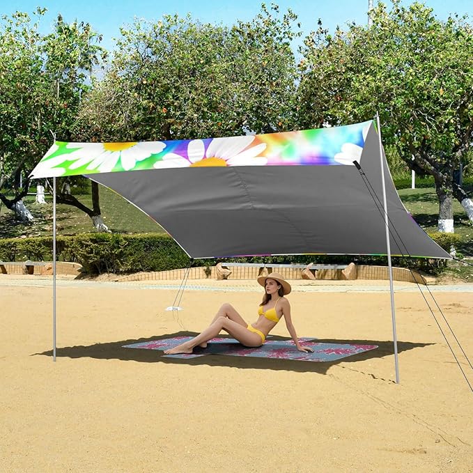 Beach Canopy with Windproof Ropes &amp Sandbags Beach Tent Sun Shade Sun Shelter for Camping Trips Fishing Backyard Fun or Picnics Daisy