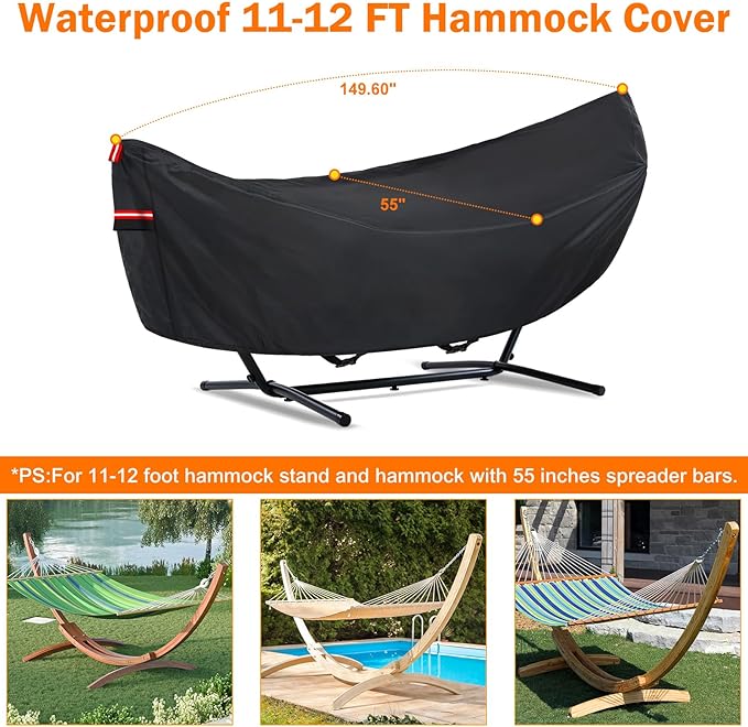 Waterproof 11-12 FT Hammock Cover 210T Sun Rain UV Dust Snow Protection Outdoor Hammock Covers with Windproof Straps &amp Soft Cotton Lining for 11-12ft Stand