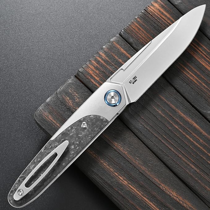 Sitivien ST992 Folding Pocket KnifeHandmade M390 Pearlescent Brushed Steel BladeTitanium Carbon Fiber Handle EDC Tool Knife for Outdoor CampingHikingSurvivalHunting(Gray)