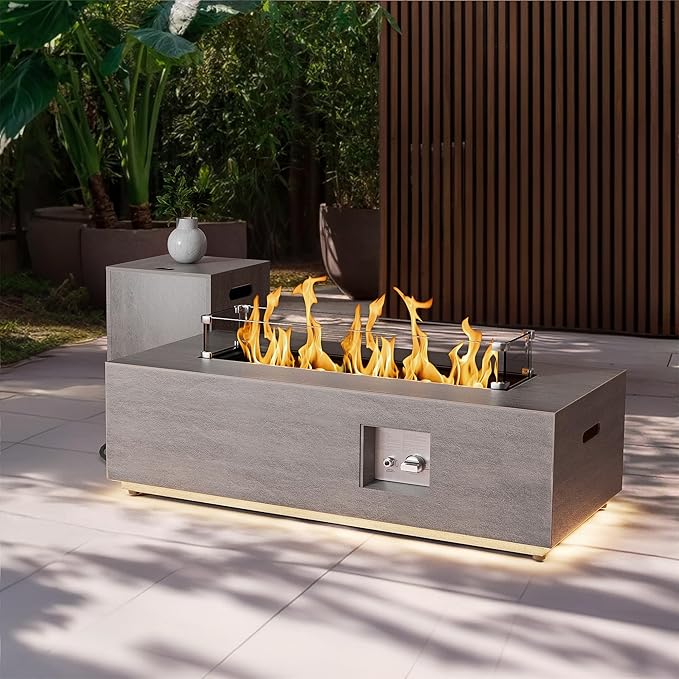 2-Piece 42 LED Rectangular Propane Fire Pit for Outside Patio with Hidden Tank Table 50000 BTU Fireplaces with Glass Wind Guard Lid Glass Rocks Cover(Grey w/Warm Light)