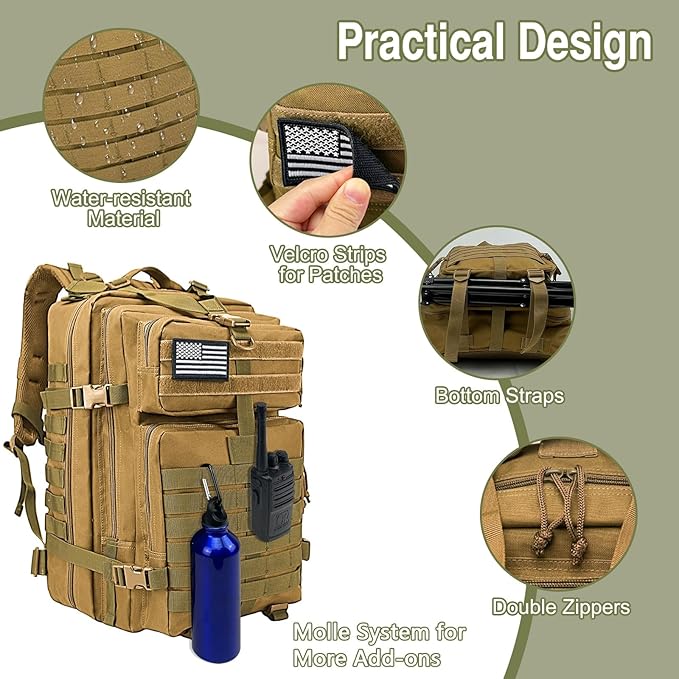 WOLT Military Tactical Backpack for Men 45L Molle Backpack 3 Day Assault Pack Bug Out Bag Heavy Duty Rucksack for Hiking Gym(Khaki)