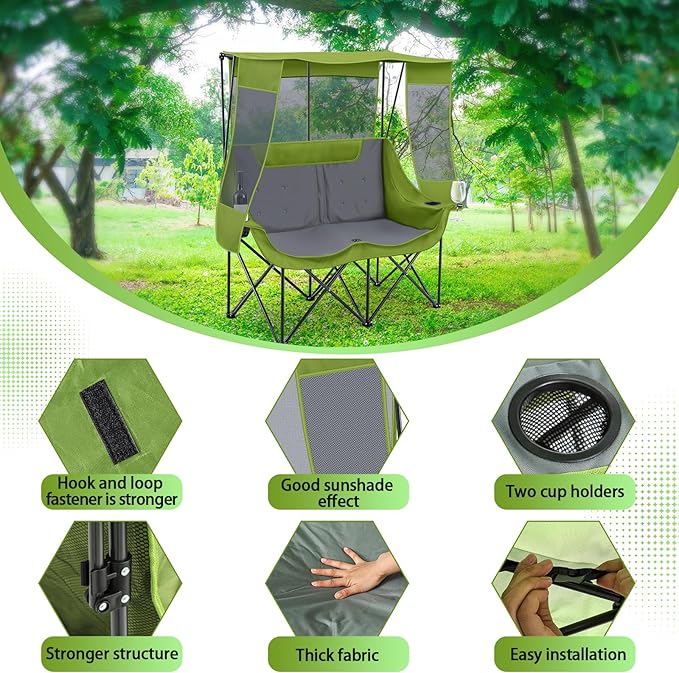 Teenyyou Double Camping Chair with Canopy Shade 660lbs Heavy Duty Beach Chair Portable Folding 2 Person Camping Loveseat with Cup Holder and Storage Bag for Lawn Beach Outdoor Sport(Geen and Grey)