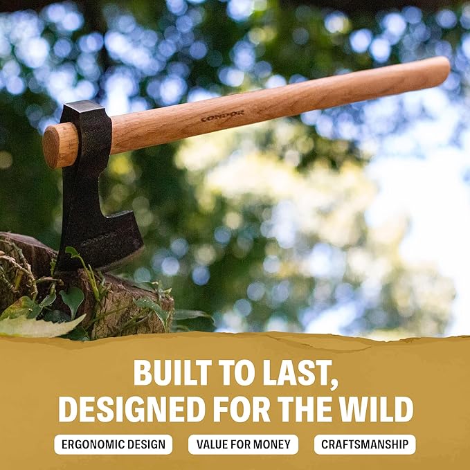 Condor Tool &amp Knife Bushcraft Tomahawk | Solid Hatchet Axe with Handcrafted Welted Leather Sheath | 1060 High Carbon Steel Throwing Axe with a Burnt American Hickory Handle | 6.2in Blade | 31.1oz