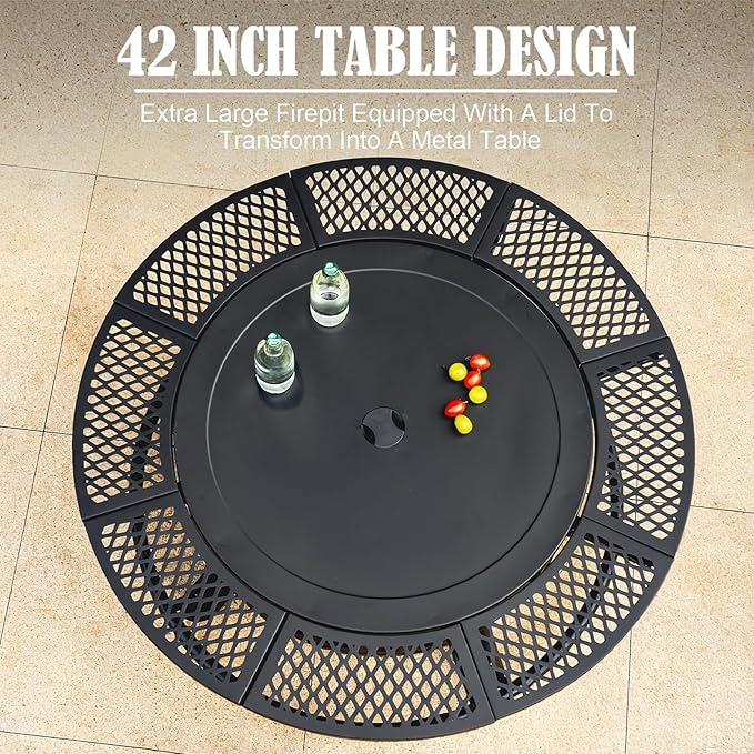 42 Inch Fire Pit with 2 Grills Large Outdoor Firepits for Outside Wood Burning Fireplace for CampingPicnicBonfire 3-in-1 Round Metal Table with Lid for BackyardPatioParty