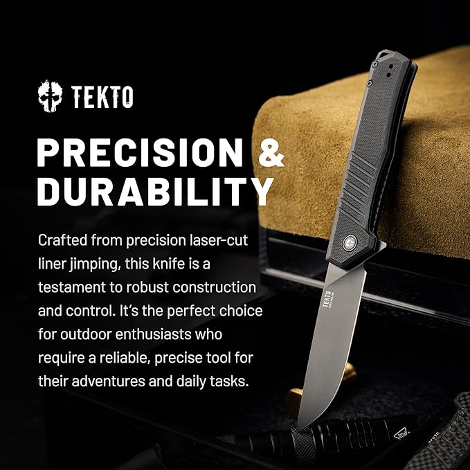 TEKTO F1 Alpha Folding Pocket Knife - Modified Straight Back Blade Titanium Coated D2 Steel Ideal for Outdoor Camping and Backpacking Tactical G10 Black Handle Black Titanium Accents